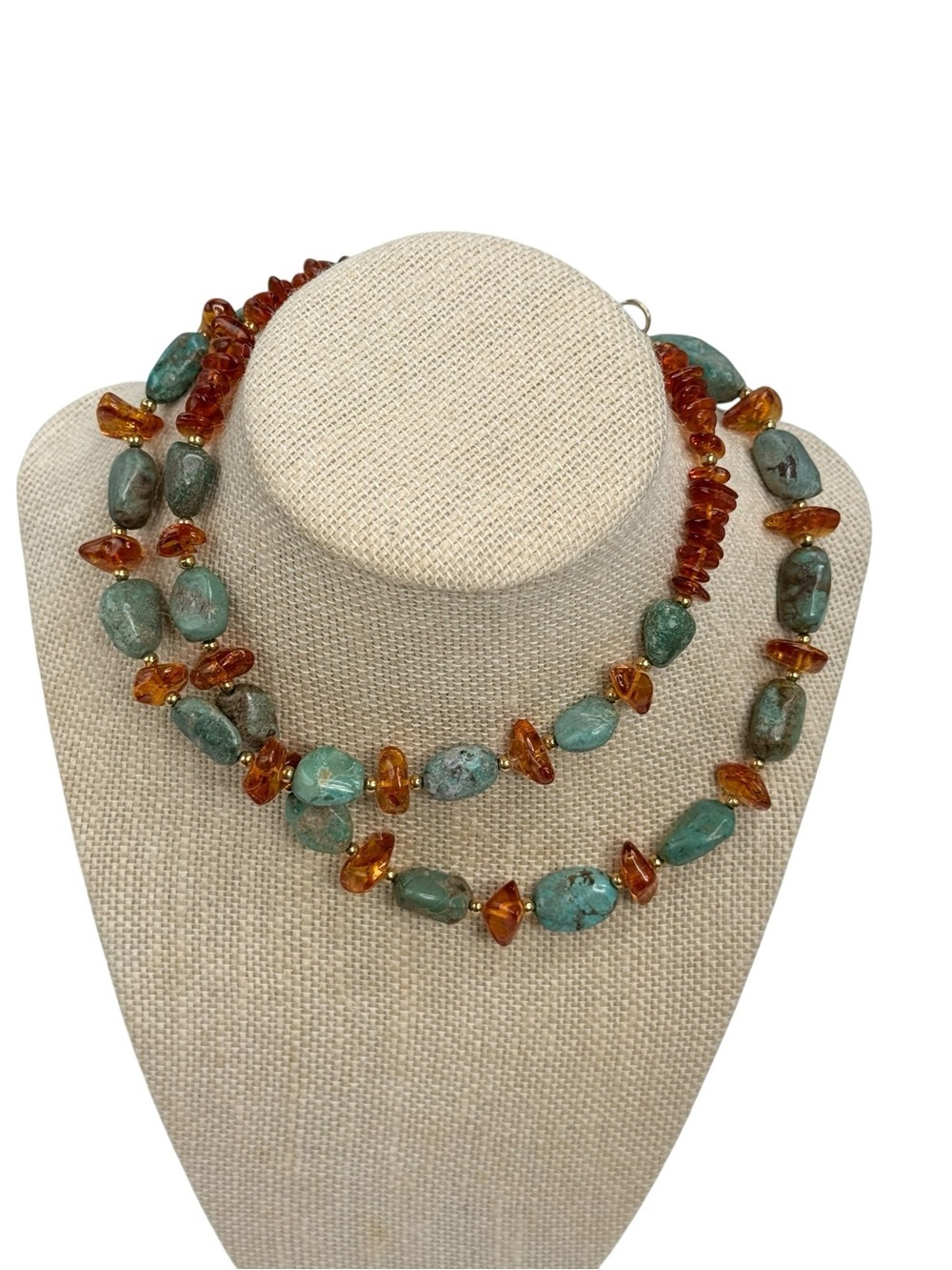 VINTAGE Lee Sands gem turquoise cognac amber nugget gold tone bead necklace 27”